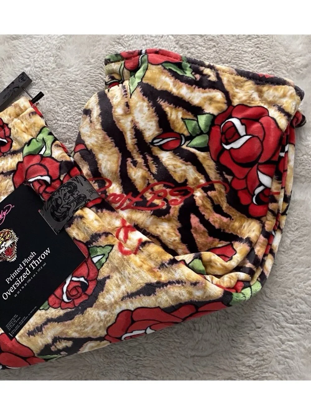 Ed Hardy Oversized Plush Throw Blanket Tiger Stripes Print W/Red Roses Logo NEW